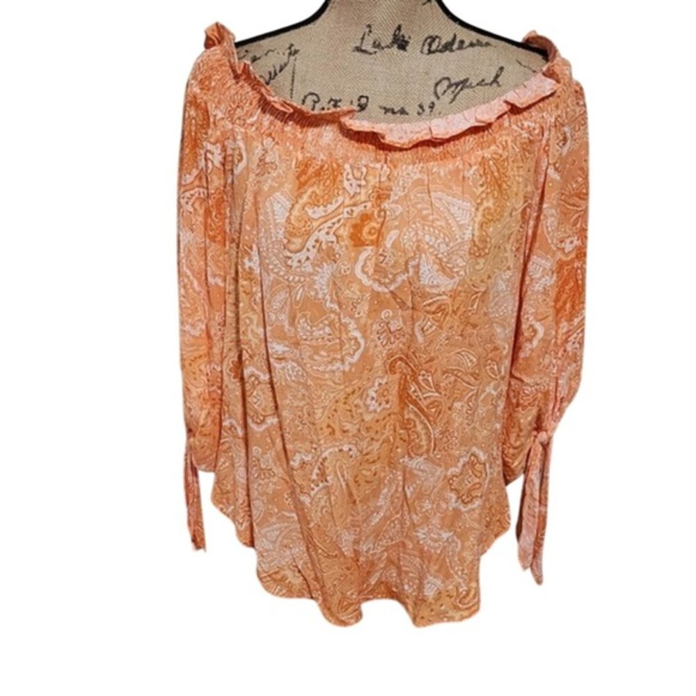 Michael Kors Orange Paisley Off The Shoulder Ruffle Tie Sleeve Blouse Medium